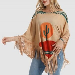 Montana West Tan Poncho with Cactus and Sunset Design